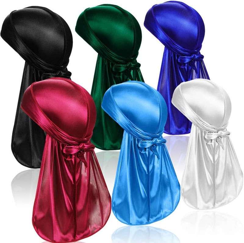 ASKNOTO 6 Pcs Silky Durag Headwraps Dorag for Men Women Waves, Durags Pack with Long Tail and Wide Straps, 6 Colors - Image 1